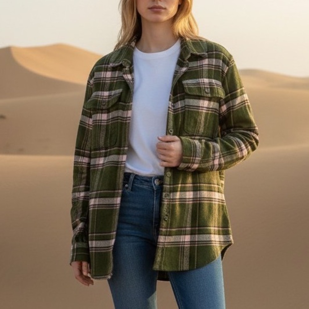 Patagonia Womens Organic Cotton Flannel Shirt -Olive Green w/ Pink Plaid - Small